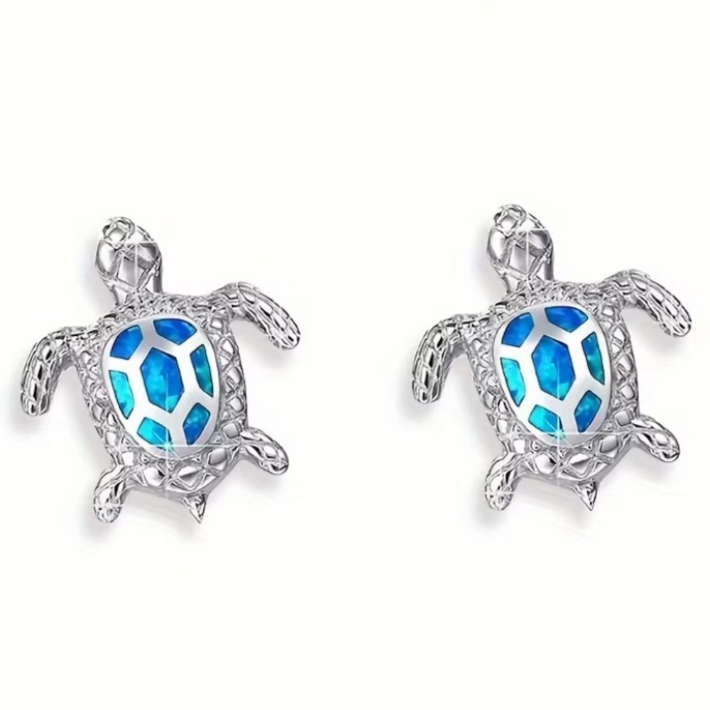 Silver Turtle Stud Earrings with Blue Shell Inlay